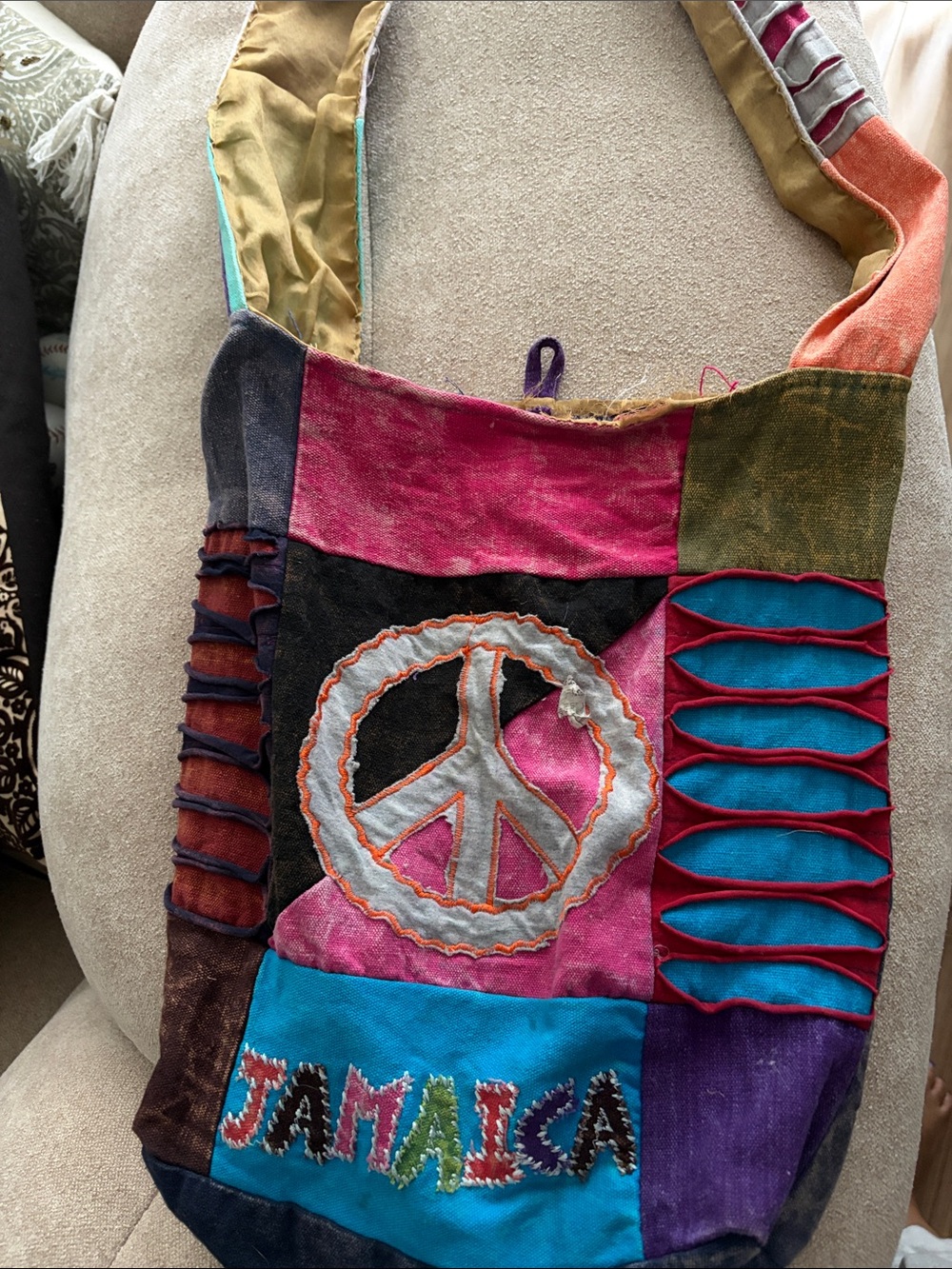 Colorful Patchwork Peace Sign Tote Bag - Multicolor hobo bag FREE PEopLE like